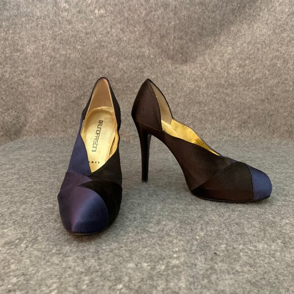 Bruno Frisoni Paris Women’s Blue and Black Satin Heel Leather Sole Pump Shoes - Picture 2 of 11